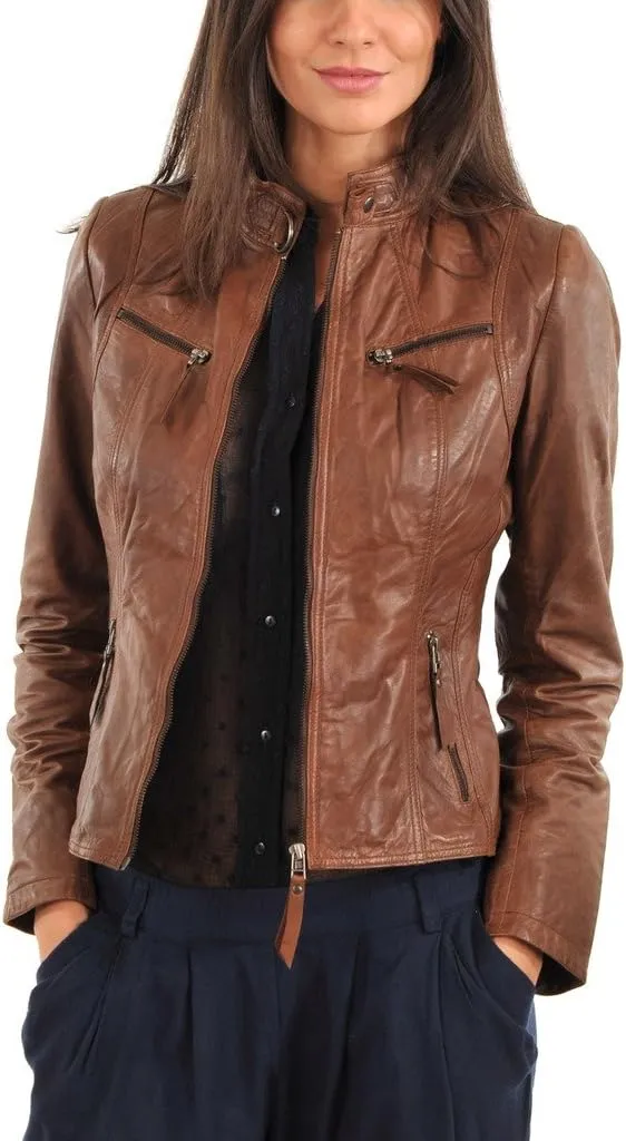 Womens Browny Coded Lambskin Genuine Leather Jacket, Biker Jacket