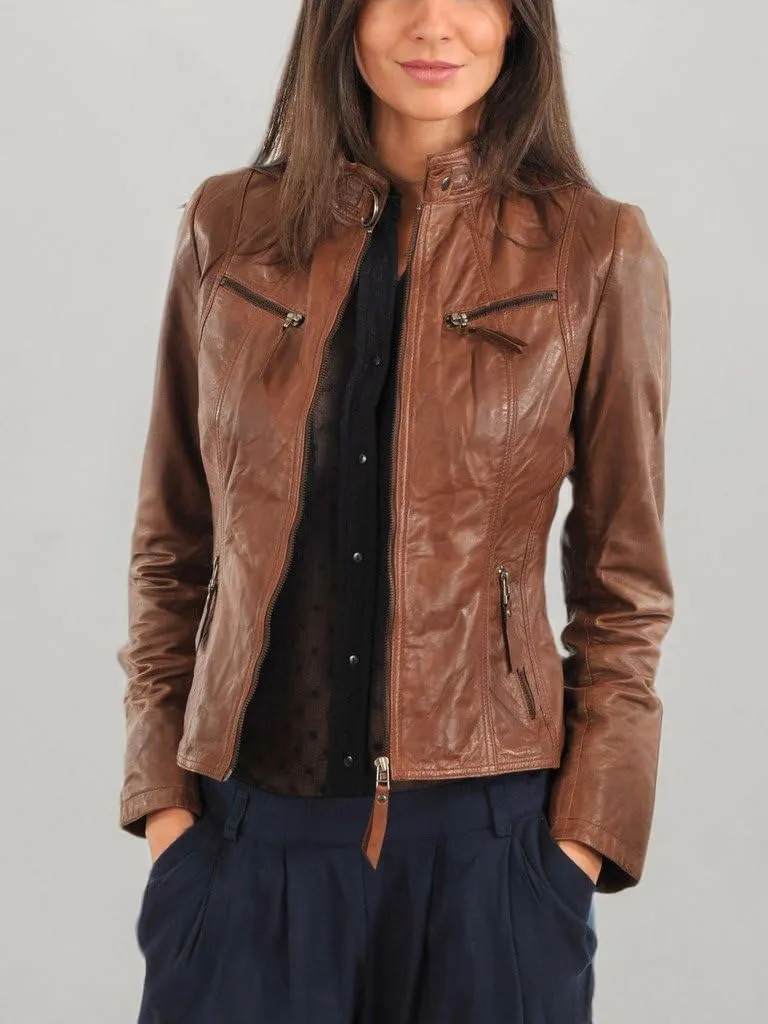 Womens Browny Coded Lambskin Genuine Leather Jacket, Biker Jacket