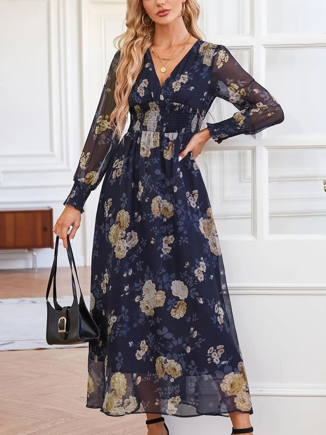 Women's Casual Boho Floral Maxi Dress Deep V Neck Long Sleeve Evening Party Dresses