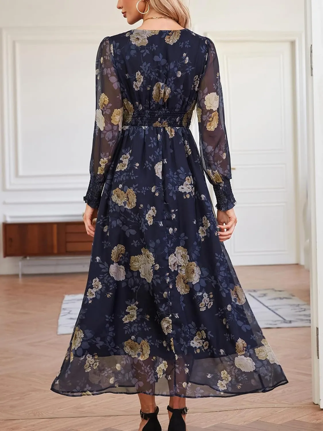 Women's Casual Boho Floral Maxi Dress Deep V Neck Long Sleeve Evening Party Dresses