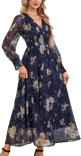 Women's Casual Boho Floral Maxi Dress Deep V Neck Long Sleeve Evening Party Dresses