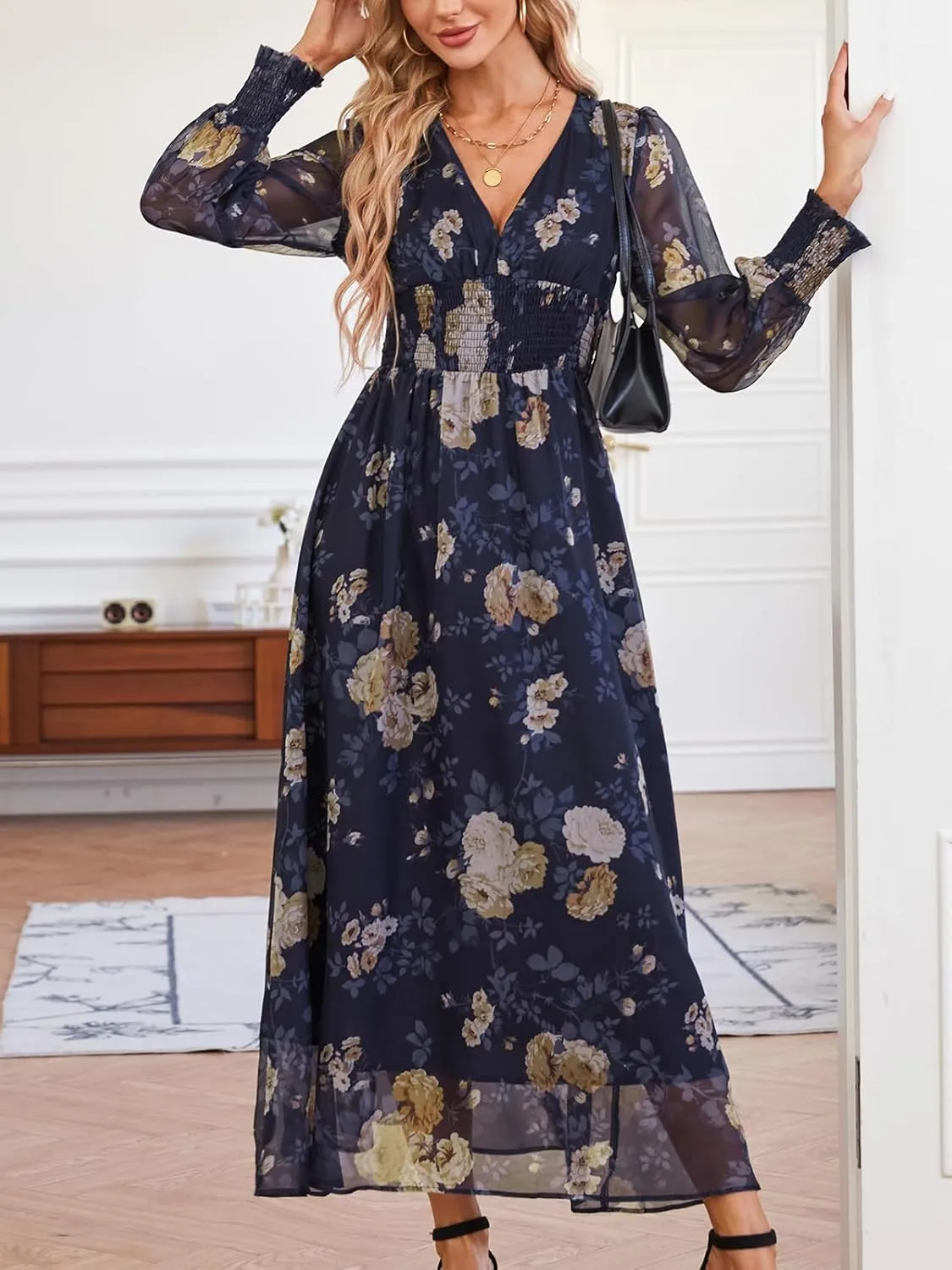 Women's Casual Boho Floral Maxi Dress Deep V Neck Long Sleeve Evening Party Dresses