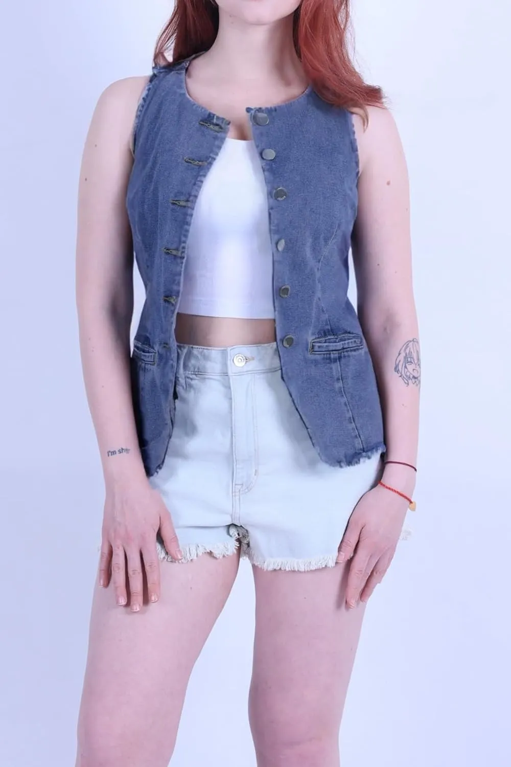 Women's Denim Long Vest Tops Crew Neck Button Down Back Belt Denim Waistcoat Sleeveless Jean Jacket Streetwear