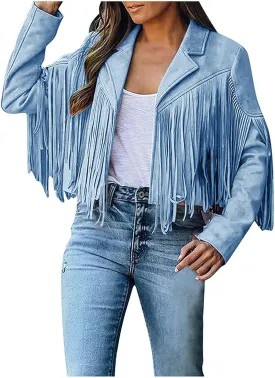 Womens Fringe Jackets Plus Size Faux Suede Coat Fashion Long Sleeve Cardigan Vintage Western Hippie Clothes