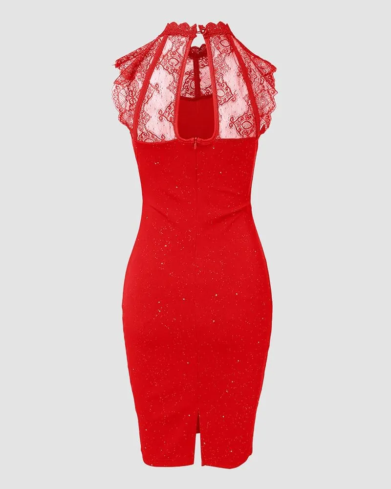 Womens Glitter Contrast Lace Bodycon Dress Sleeveless Slit Cocktail Evening Party Club Mini Dresses