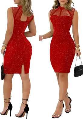 Womens Glitter Contrast Lace Bodycon Dress Sleeveless Slit Cocktail Evening Party Club Mini Dresses