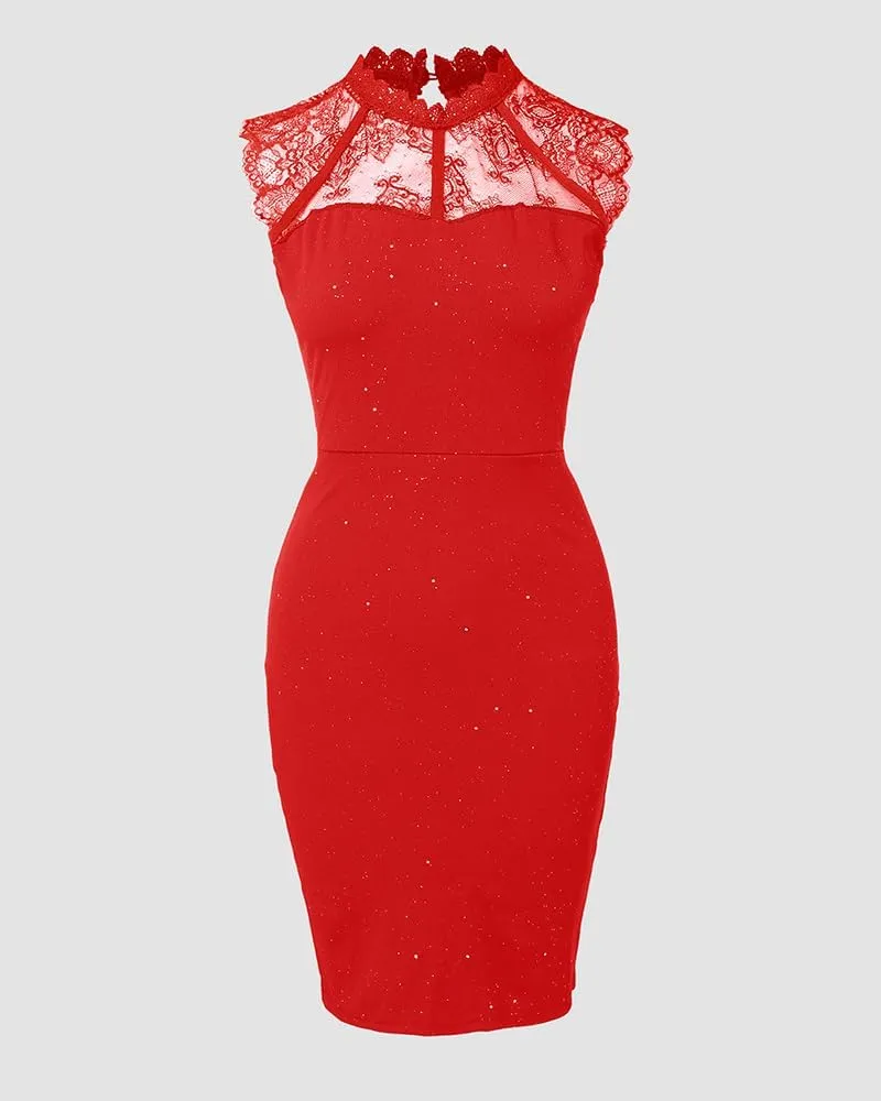 Womens Glitter Contrast Lace Bodycon Dress Sleeveless Slit Cocktail Evening Party Club Mini Dresses