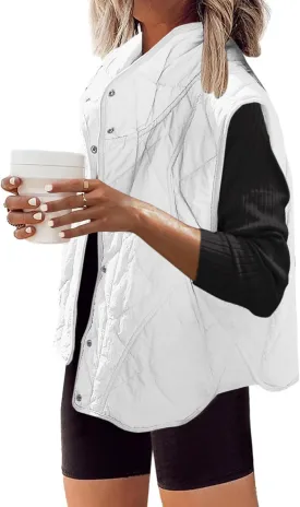 Womens Quilted Vest Cropped Puffer Vest Outerwear Stand Collar Button Down Padded Oversized Gilet with Pockets