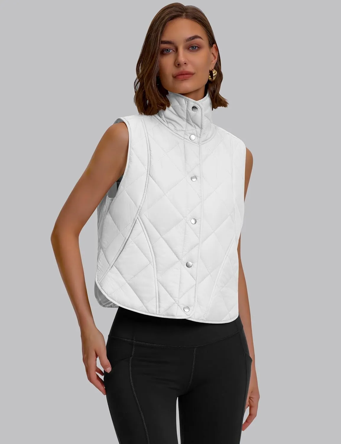 Womens Quilted Vest Cropped Puffer Vest Outerwear Stand Collar Button Down Padded Oversized Gilet with Pockets