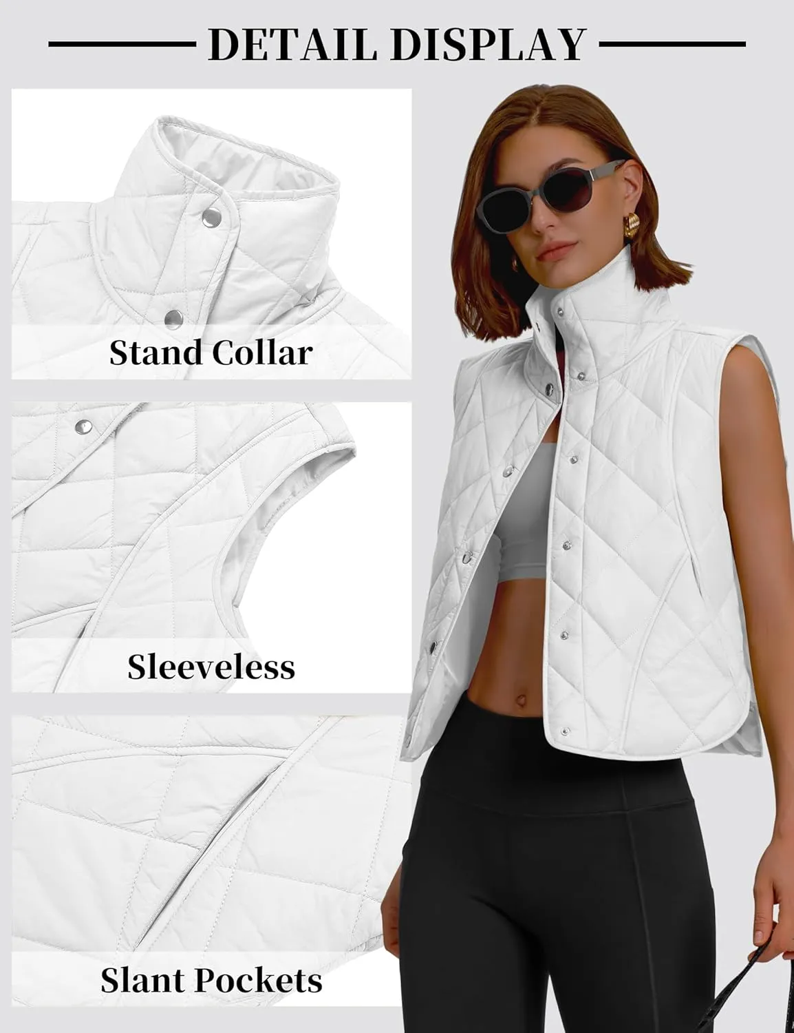 Womens Quilted Vest Cropped Puffer Vest Outerwear Stand Collar Button Down Padded Oversized Gilet with Pockets