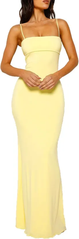 Women's Sexy Spaghetti Strap Backless Maxi Dress Low Cut Bodycon Cami Dress Sleeveless Cutout Split Long Dress