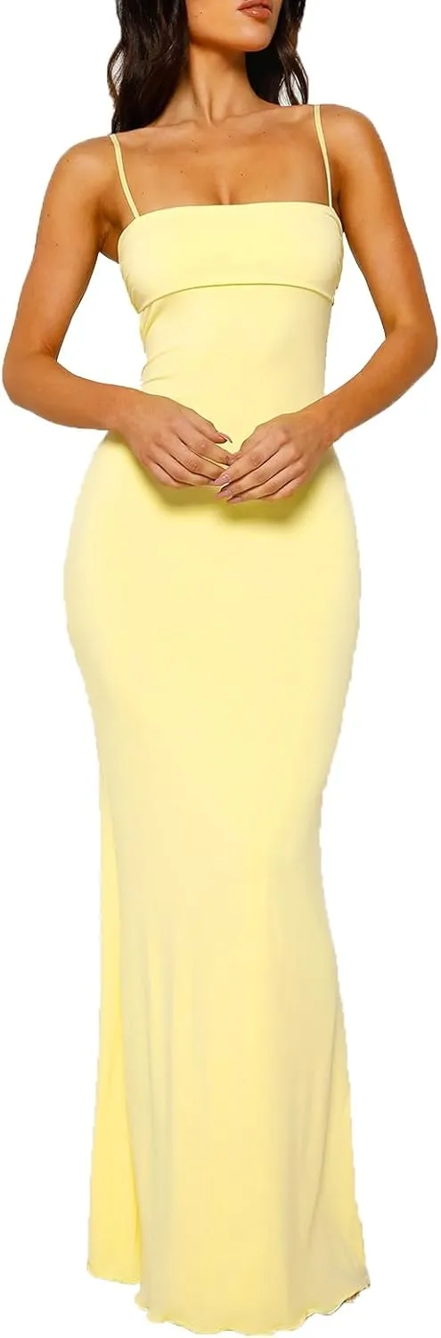 Women's Sexy Spaghetti Strap Backless Maxi Dress Low Cut Bodycon Cami Dress Sleeveless Cutout Split Long Dress