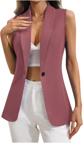 Women's Sleeveless Blazers Open Front Casual Blazer Vests Solid Deep V-Neck Single Button Lightweight Blazer Jackets