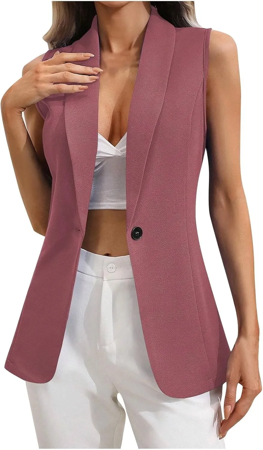 Women's Sleeveless Blazers Open Front Casual Blazer Vests Solid Deep V-Neck Single Button Lightweight Blazer Jackets