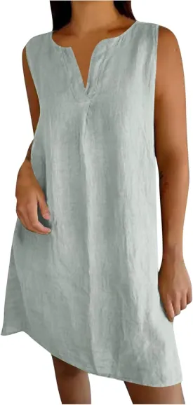 Women's Sleeveless Linen Shift Dress 2025 Summer Plain Casual Beach Dresses Solid Long Tank Sundress Vacation Outfits