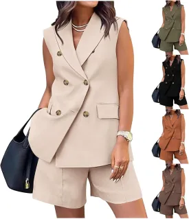 Women's Sleeveless Suit Jacket Vest Shorts Suit Lapel V-Neck Button Office 2 Piece Sets Business Casual Outfits Suits