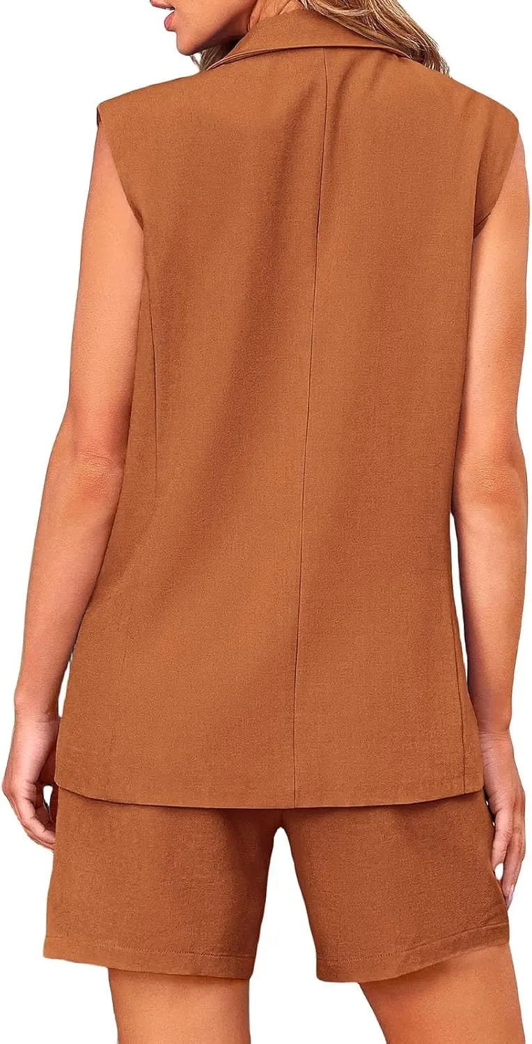 Women's Sleeveless Suit Jacket Vest Shorts Suit Lapel V-Neck Button Office 2 Piece Sets Business Casual Outfits Suits