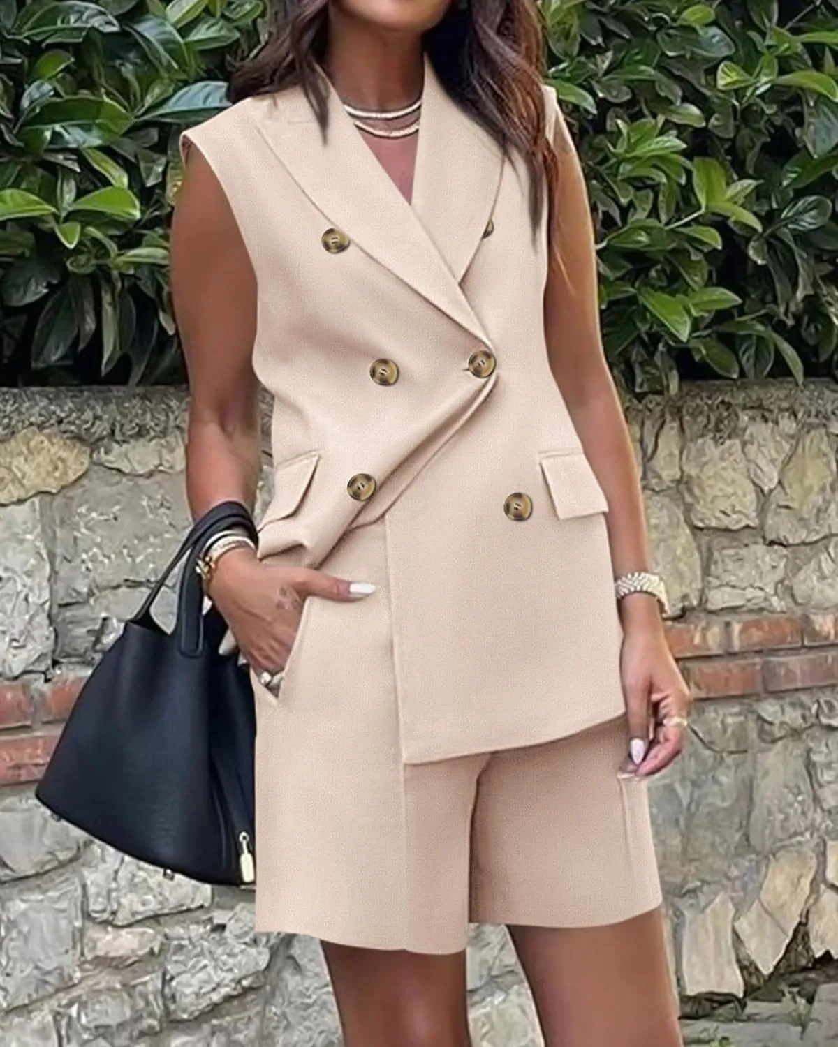 Women's Sleeveless Suit Jacket Vest Shorts Suit Lapel V-Neck Button Office 2 Piece Sets Business Casual Outfits Suits
