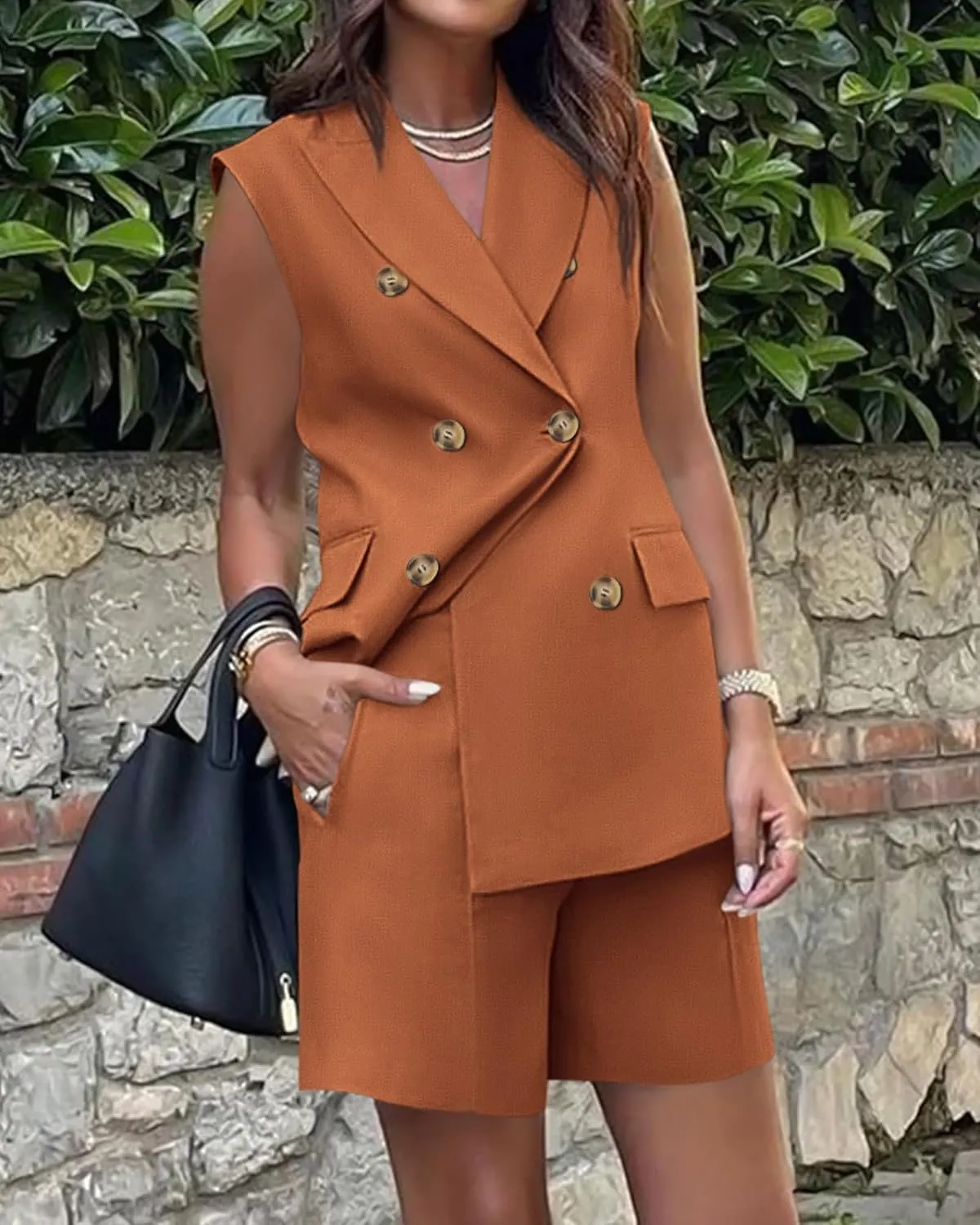 Women's Sleeveless Suit Jacket Vest Shorts Suit Lapel V-Neck Button Office 2 Piece Sets Business Casual Outfits Suits