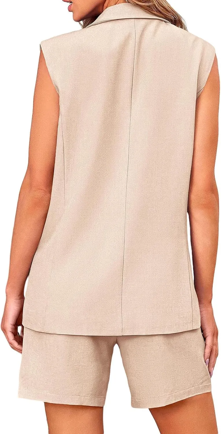 Women's Sleeveless Suit Jacket Vest Shorts Suit Lapel V-Neck Button Office 2 Piece Sets Business Casual Outfits Suits