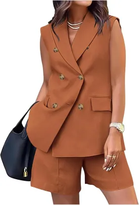 Women's Sleeveless Suit Jacket Vest Shorts Suit Lapel V-Neck Button Office 2 Piece Sets Business Casual Outfits Suits