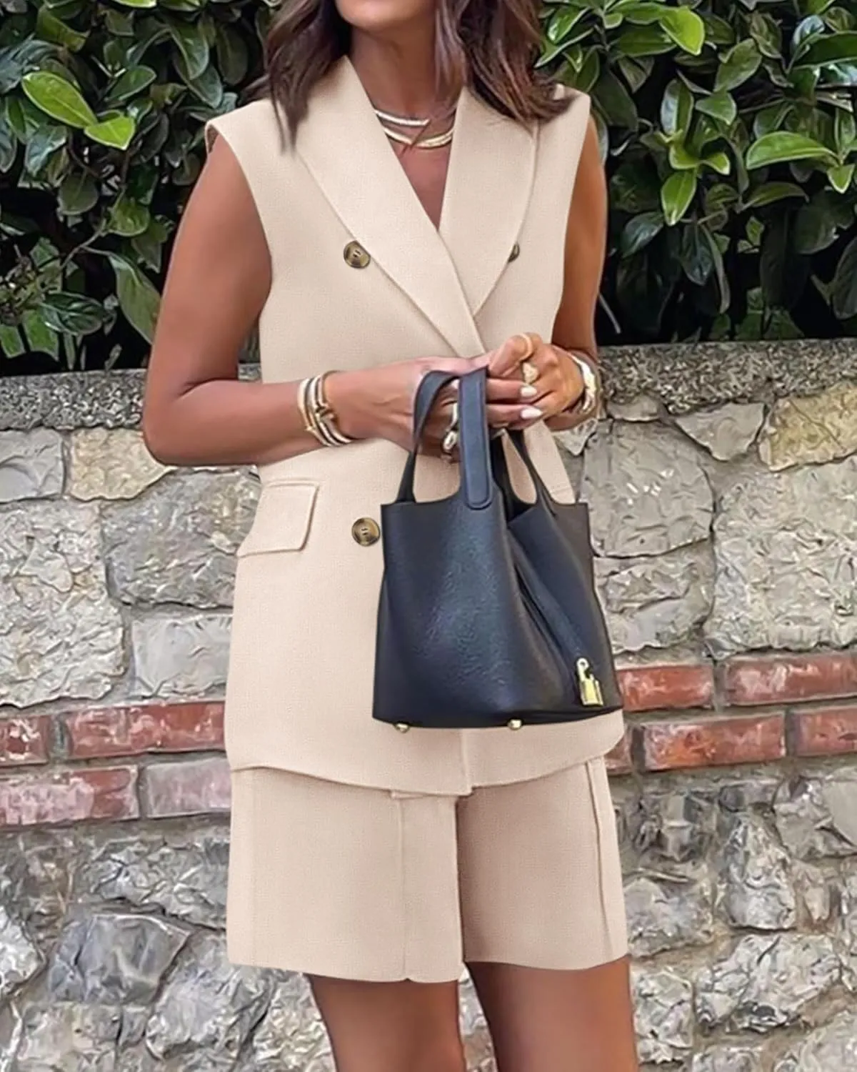 Women's Sleeveless Suit Jacket Vest Shorts Suit Lapel V-Neck Button Office 2 Piece Sets Business Casual Outfits Suits