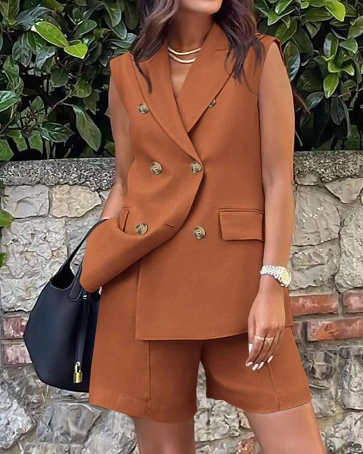 Women's Sleeveless Suit Jacket Vest Shorts Suit Lapel V-Neck Button Office 2 Piece Sets Business Casual Outfits Suits