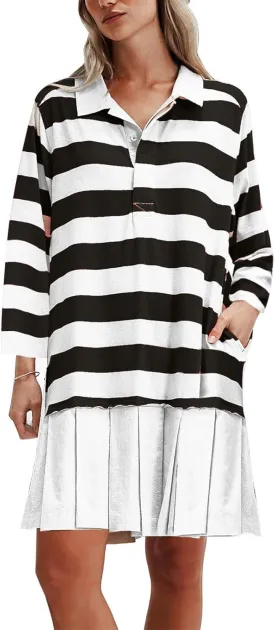 Womens Striped Sweatshirt Dresses Long Sleeve V Neck Casual Oversized Patchwork Pleated Mini Dress