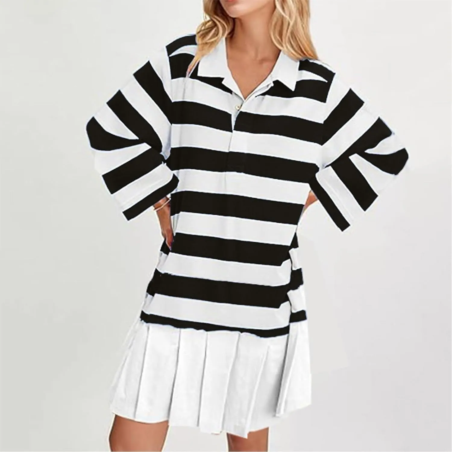 Womens Striped Sweatshirt Dresses Long Sleeve V Neck Casual Oversized Patchwork Pleated Mini Dress