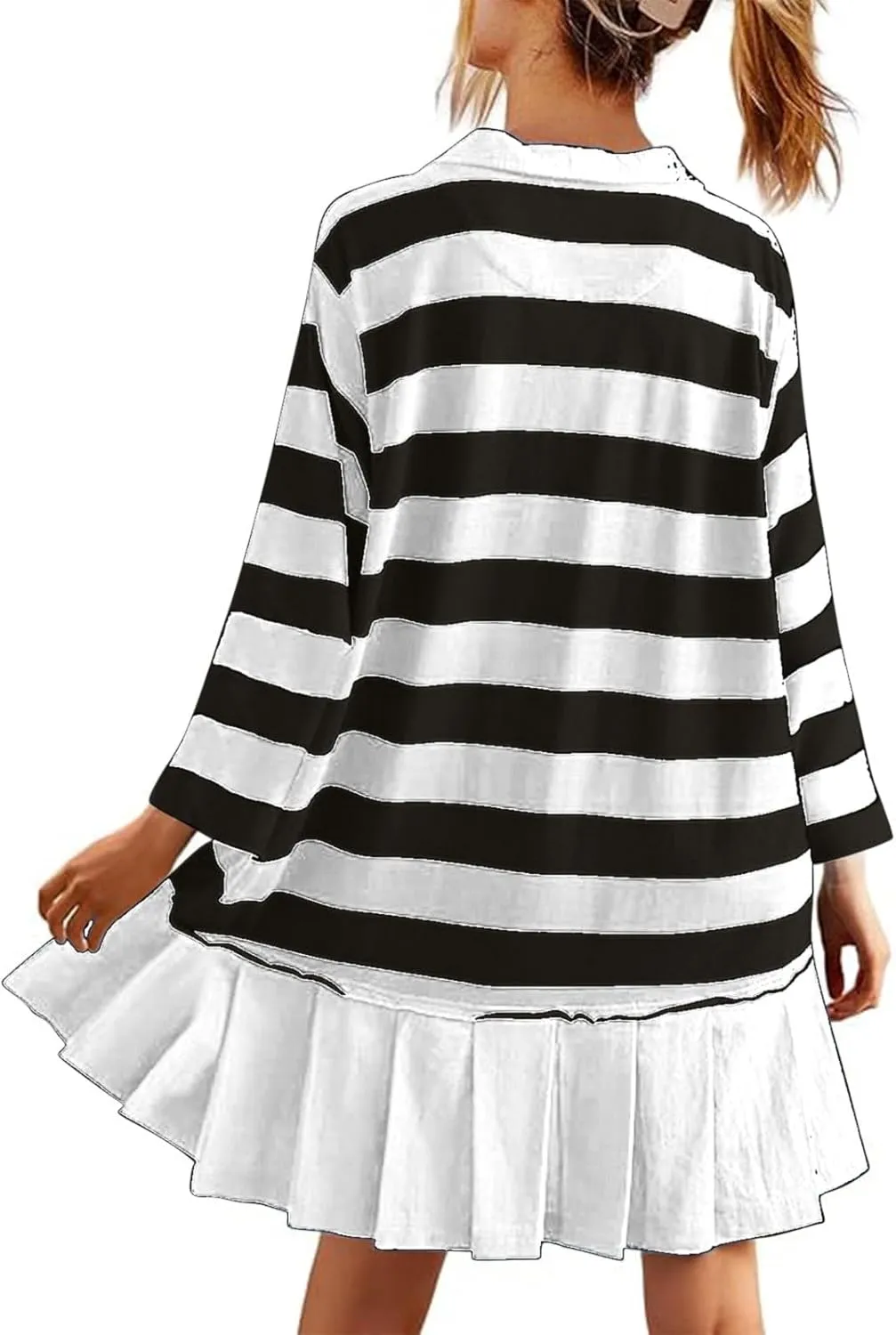 Womens Striped Sweatshirt Dresses Long Sleeve V Neck Casual Oversized Patchwork Pleated Mini Dress