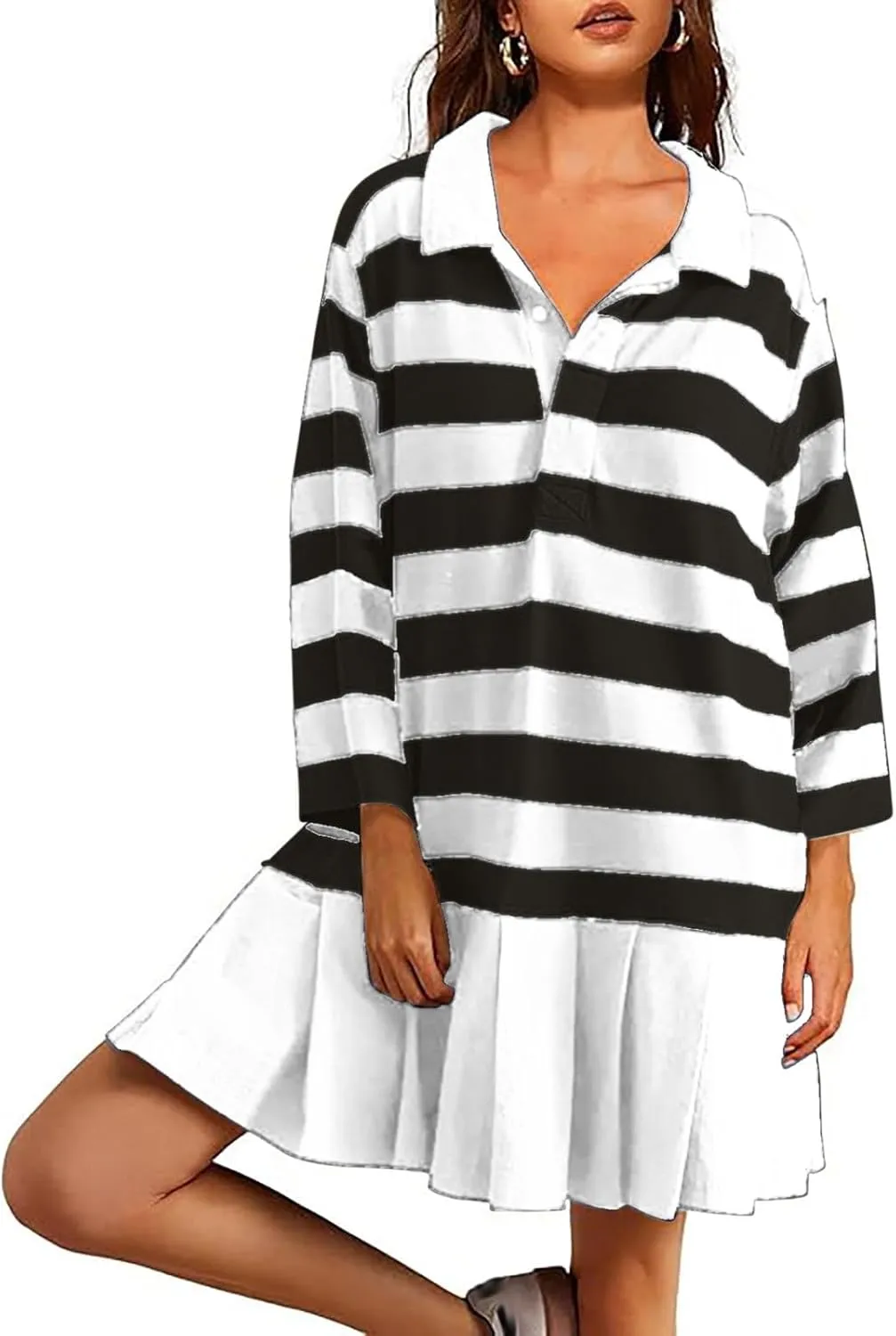 Womens Striped Sweatshirt Dresses Long Sleeve V Neck Casual Oversized Patchwork Pleated Mini Dress