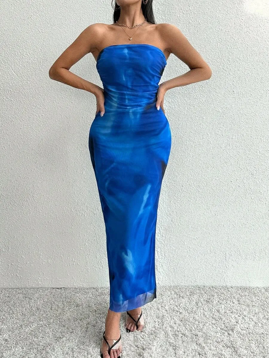 Women's Summer Dress Printed Strapless Tube Dress Bodycon Long Dress Side Slit Mesh Layered
