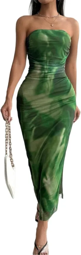 Women's Summer Dress Printed Strapless Tube Dress Bodycon Long Dress Side Slit Mesh Layered