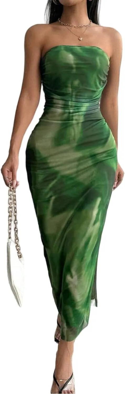 Women's Summer Dress Printed Strapless Tube Dress Bodycon Long Dress Side Slit Mesh Layered
