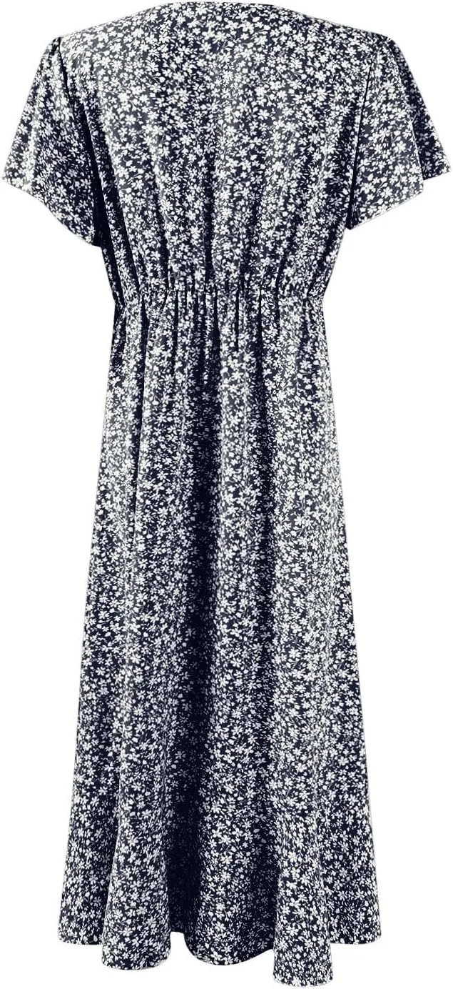 Womens Summer Dress V Neck Midi Dresses Fashion Casual Fit Flowy Tiered Boho Beach Vacation Sundress