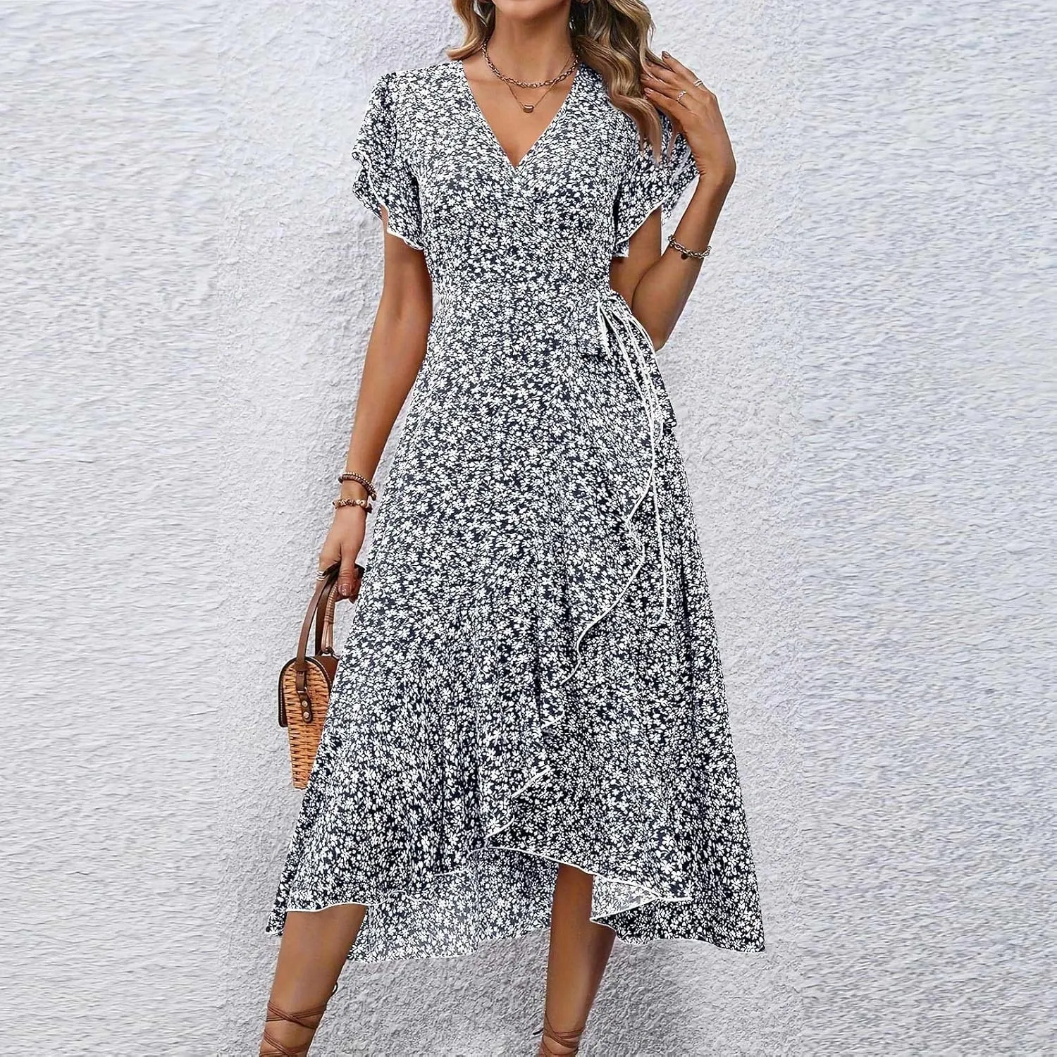 Womens Summer Dress V Neck Midi Dresses Fashion Casual Fit Flowy Tiered Boho Beach Vacation Sundress