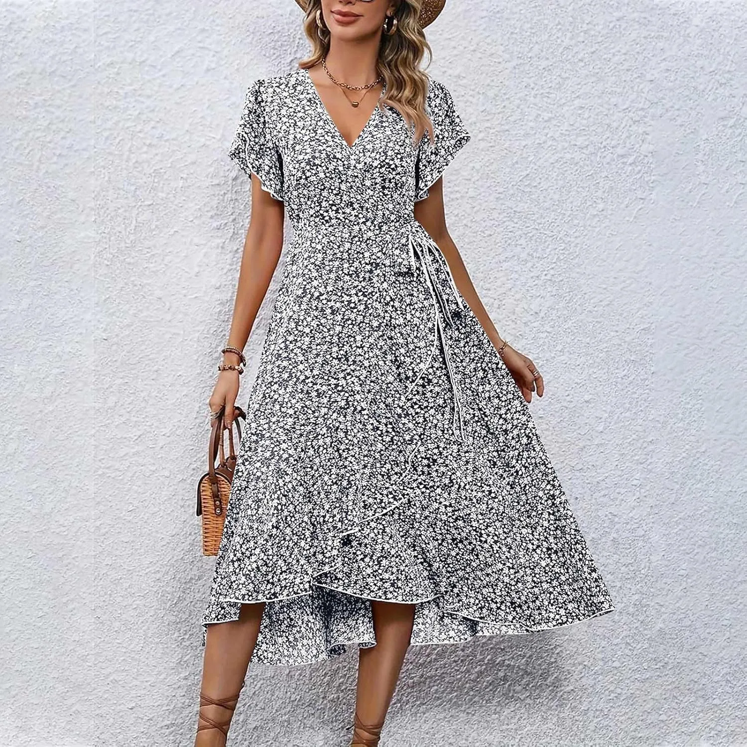 Womens Summer Dress V Neck Midi Dresses Fashion Casual Fit Flowy Tiered Boho Beach Vacation Sundress