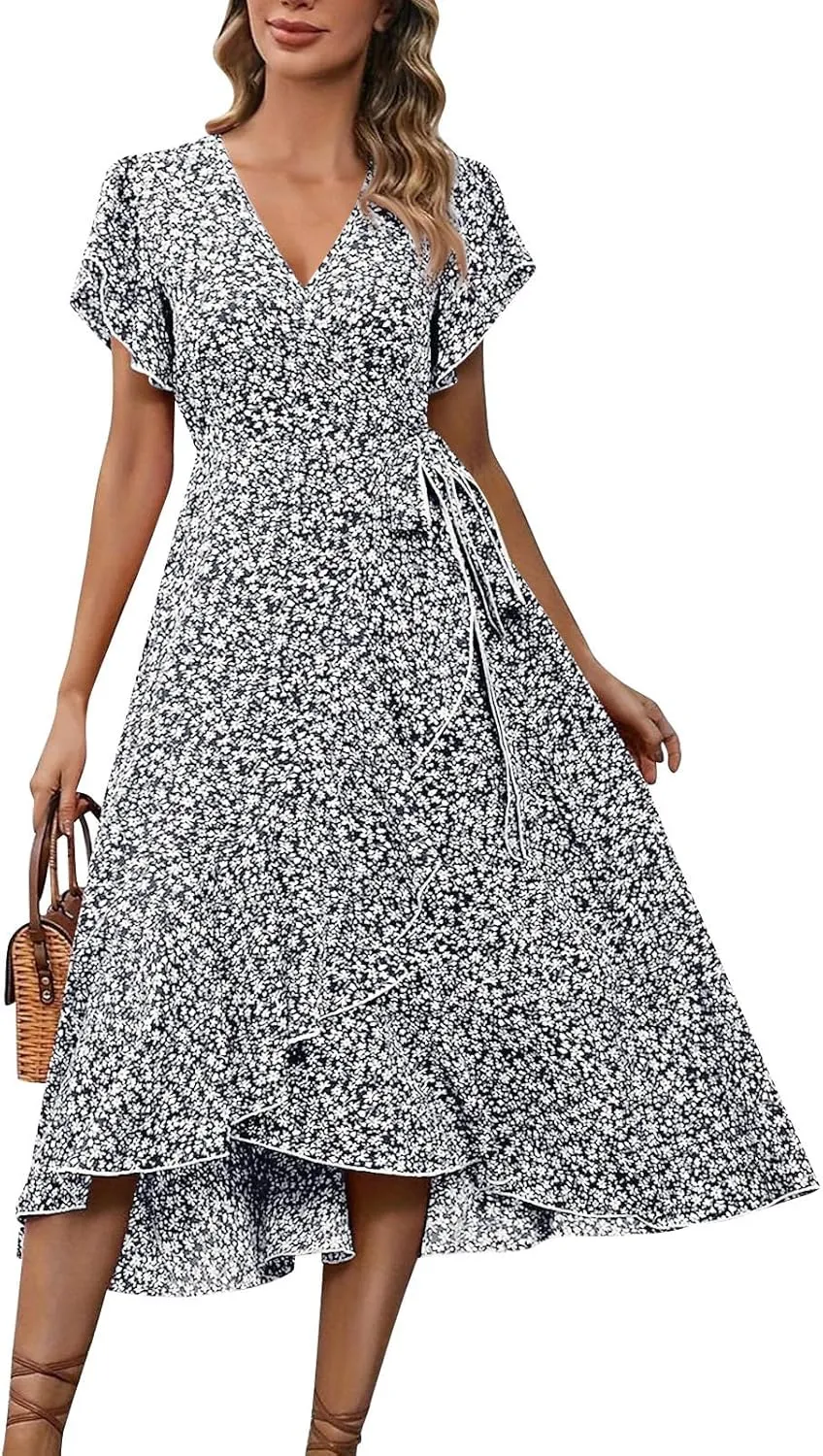 Womens Summer Dress V Neck Midi Dresses Fashion Casual Fit Flowy Tiered Boho Beach Vacation Sundress