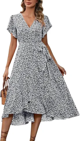 Womens Summer Dress V Neck Midi Dresses Fashion Casual Fit Flowy Tiered Boho Beach Vacation Sundress