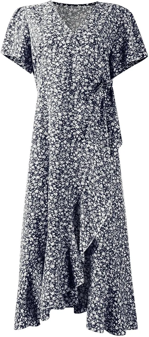 Womens Summer Dress V Neck Midi Dresses Fashion Casual Fit Flowy Tiered Boho Beach Vacation Sundress