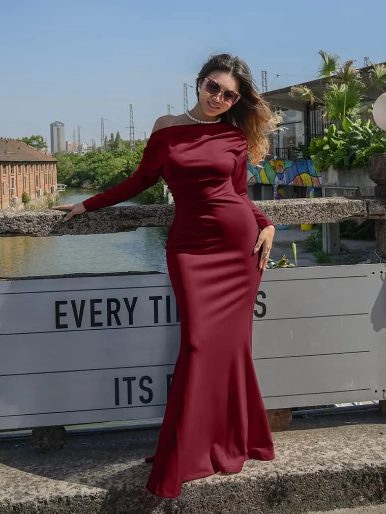 YMDUCH Women's Sexy Elegant Long Sleeve Off Shoulder Bodycon Long Evening Formal Dress