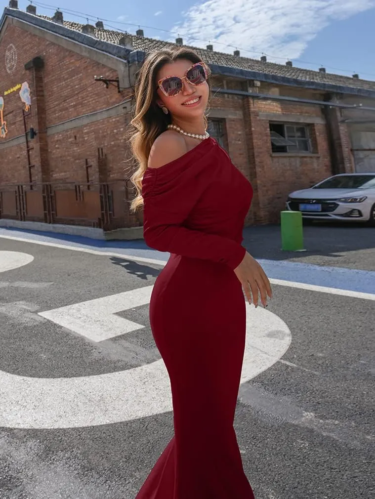 YMDUCH Women's Sexy Elegant Long Sleeve Off Shoulder Bodycon Long Evening Formal Dress