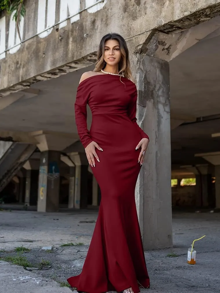 YMDUCH Women's Sexy Elegant Long Sleeve Off Shoulder Bodycon Long Evening Formal Dress
