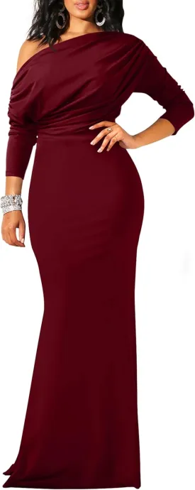 YMDUCH Women's Sexy Elegant Long Sleeve Off Shoulder Bodycon Long Evening Formal Dress